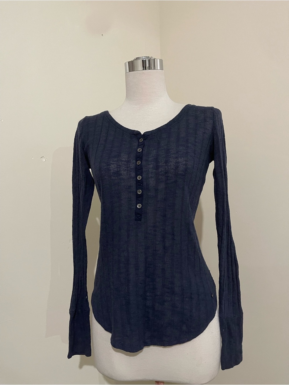 Abercrombie & Fitch Navy Ribbed Henley Top with Button Placket